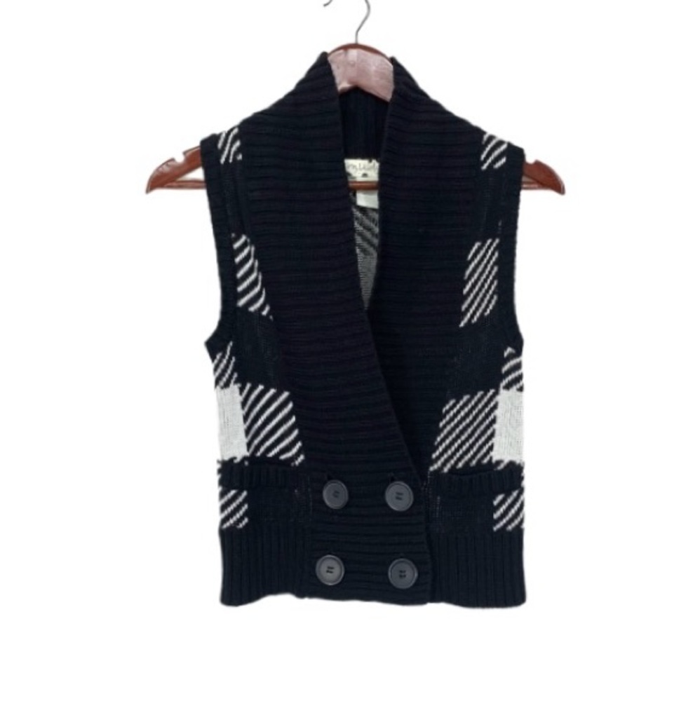 Smudge Vintage Y2K Black & White Plaid Knit Sweater Vest Sleeveless Cardigan